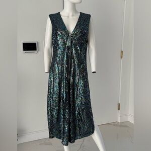 Peacock Blue Sequin Sleeveless Dress sleeveless Open Front Long Slits Size M